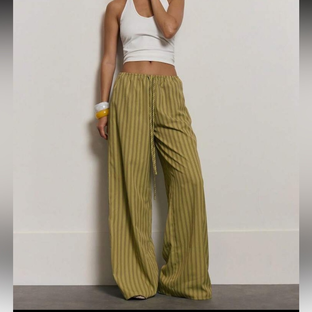 Striped Olive Green Wide-Leg Pants